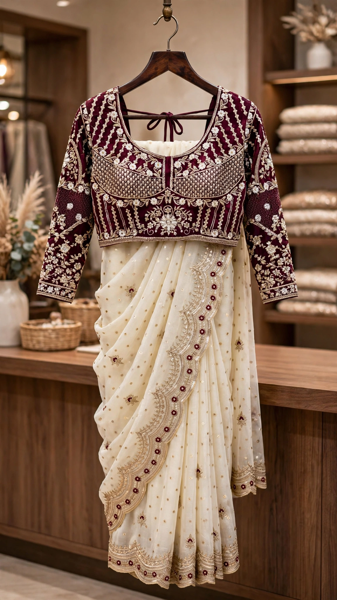 Ivory Embellished Organza Saree with Embroidered Velvet Blouse โ Festive Elegance Collection