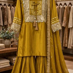 Olive Gold Radiance Embroidered Sharara Set