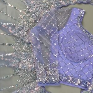 Enchanting Lavender Sequined Net Saree with Intricate Diamond-Grid Blouse