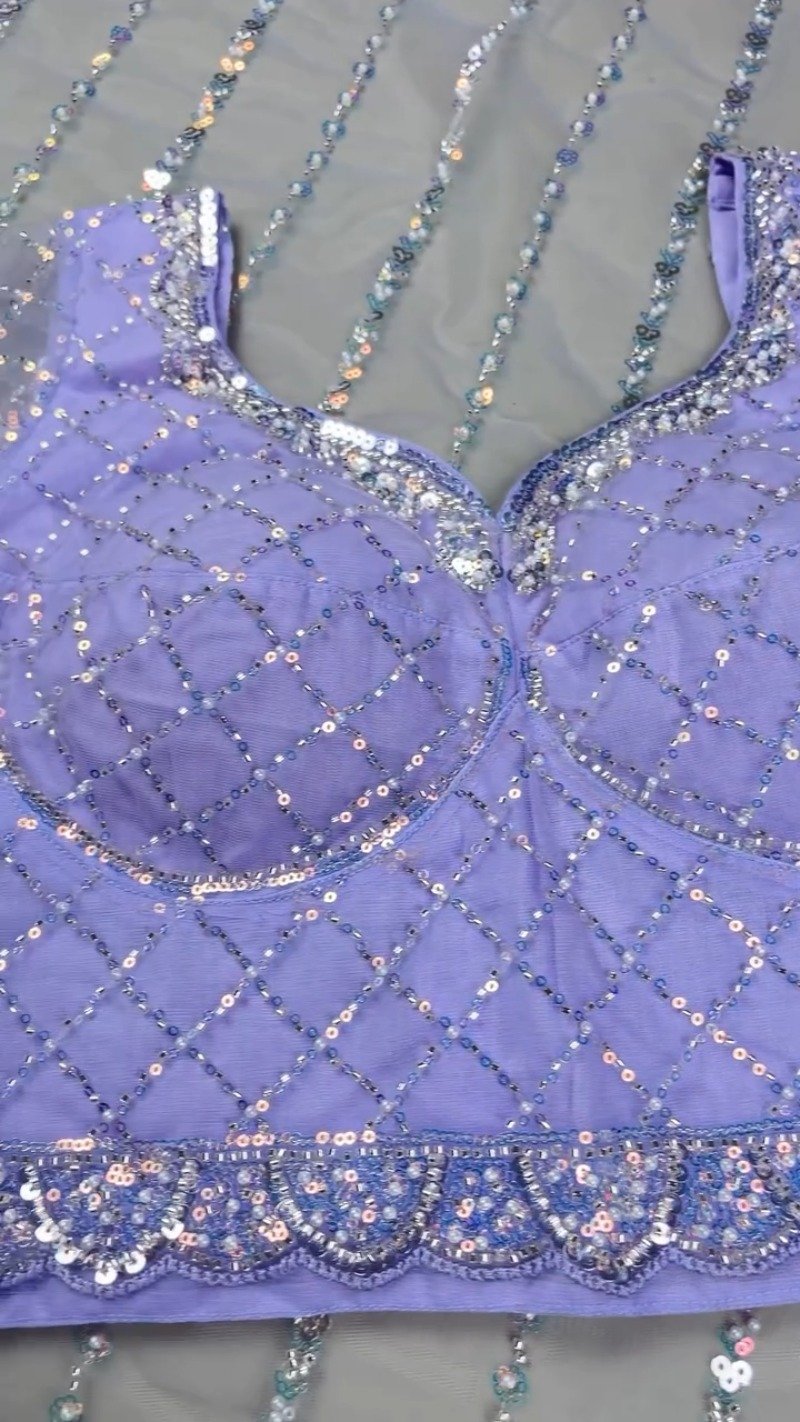 Enchanting Lavender Sequined Net Saree with Intricate Diamond-Grid Blouse - Image 2