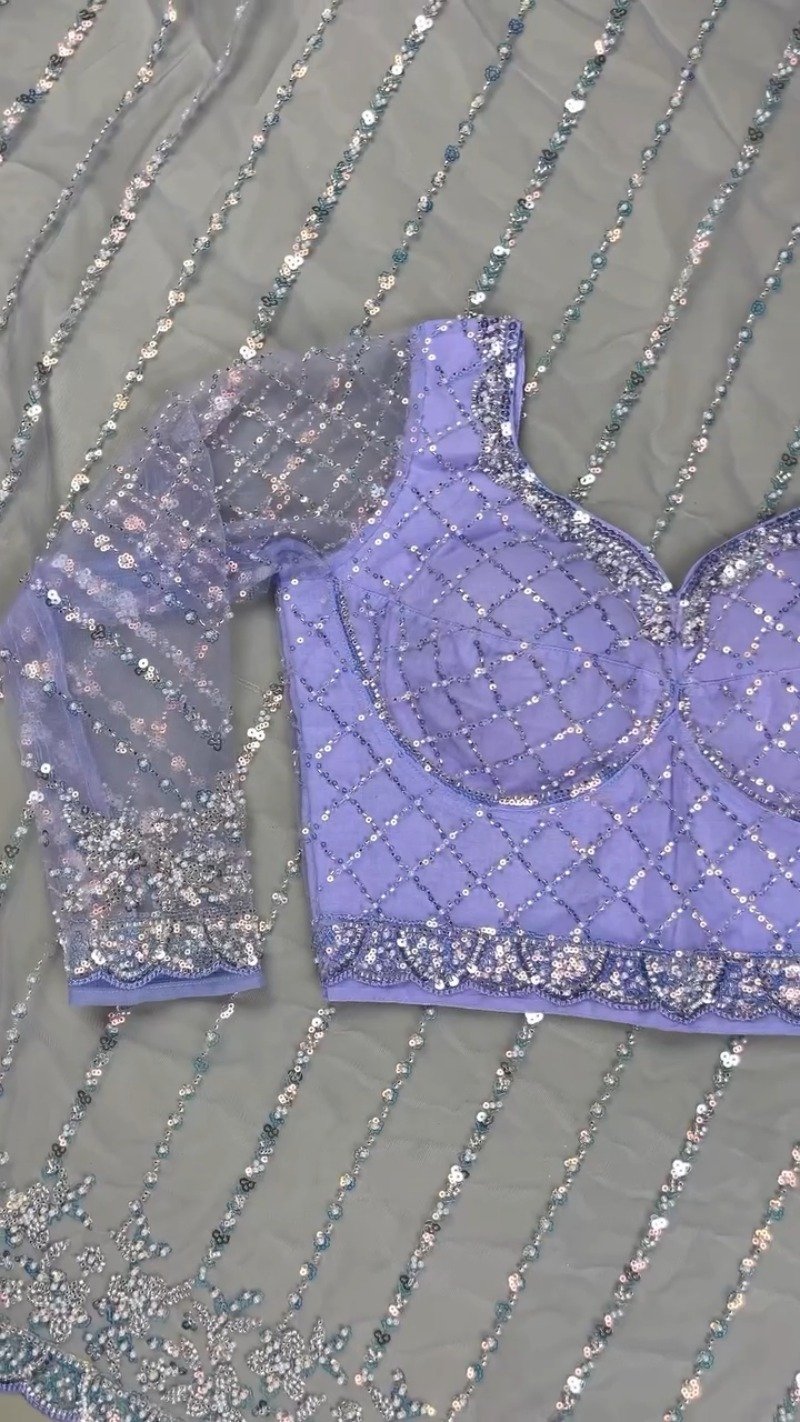 Enchanting Lavender Sequined Net Saree with Intricate Diamond-Grid Blouse - Image 3