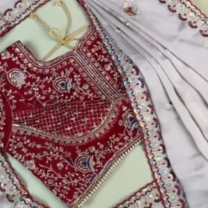 Midnight Crimson Velvet Blouse with Silver Embroidered Saree Set – Available in Classic Crimson & Elegant Silver