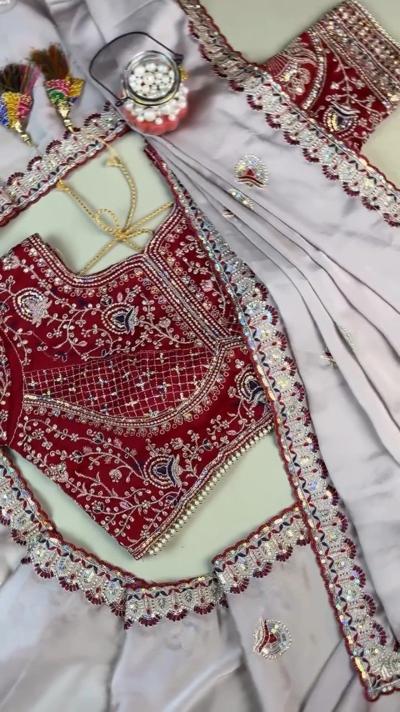 Midnight Crimson Velvet Blouse with Silver Embroidered Saree Set β Available in Classic Crimson & Elegant Silver