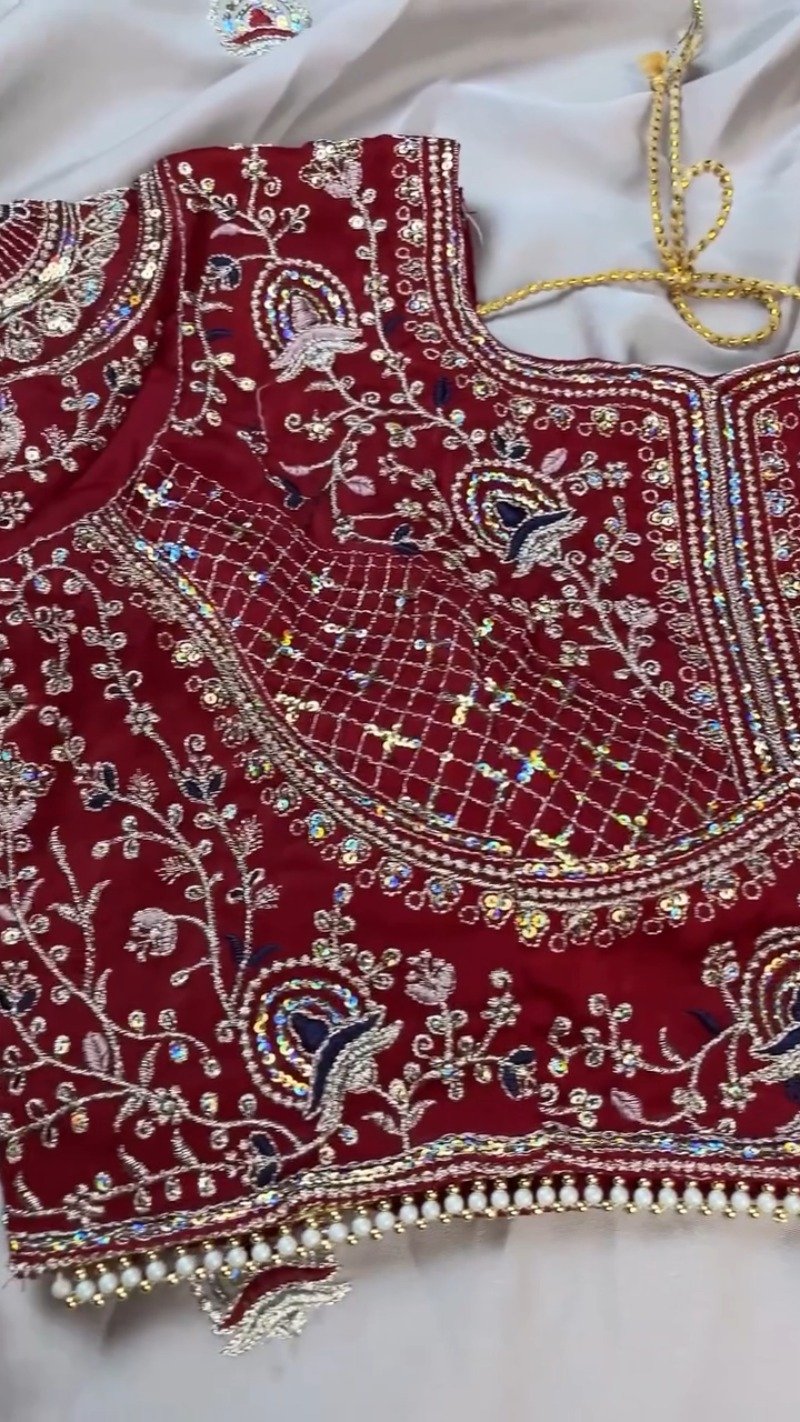 Midnight Crimson Velvet Blouse with Silver Embroidered Saree Set β Available in Classic Crimson & Elegant Silver - Image 5