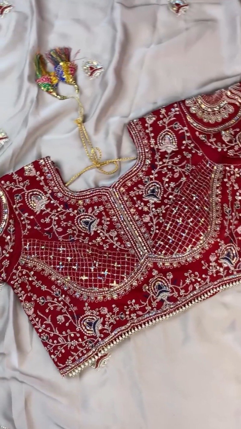 Midnight Crimson Velvet Blouse with Silver Embroidered Saree Set β Available in Classic Crimson & Elegant Silver - Image 6
