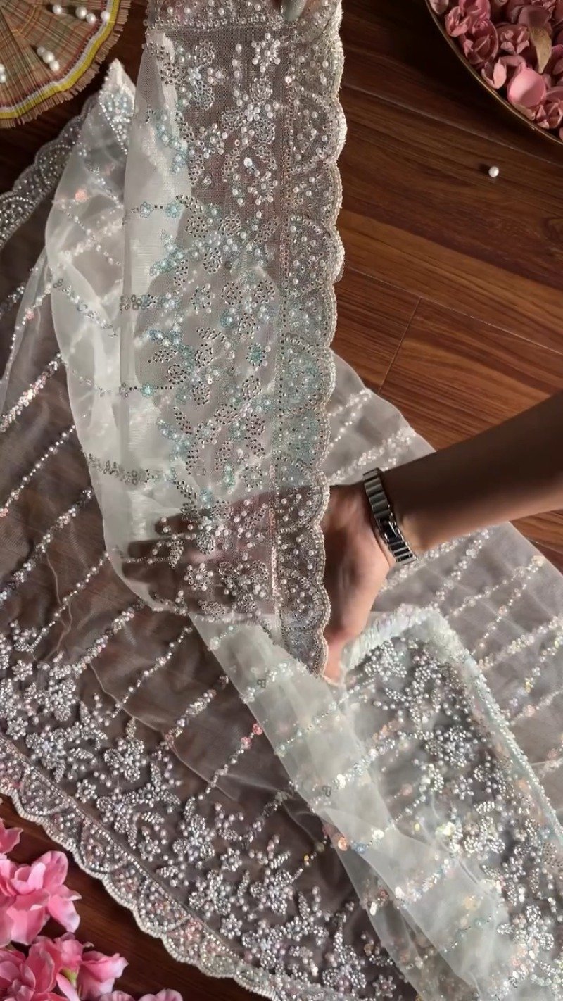 Ivory Embellished Net Saree & Padded Blouse Set β Ethereal Elegance Collection - Image 3