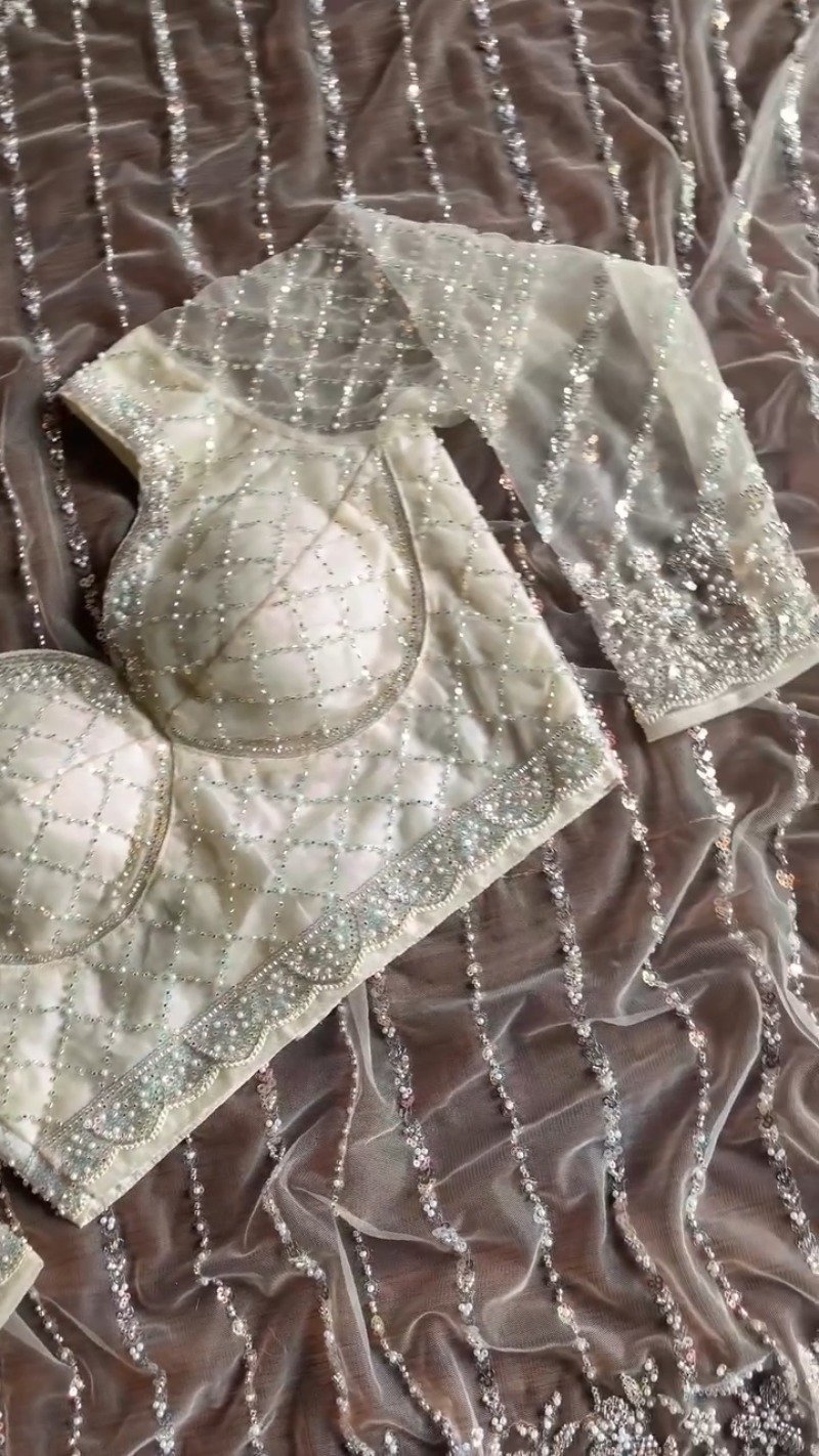 Ivory Embellished Net Saree & Padded Blouse Set β Ethereal Elegance Collection - Image 6