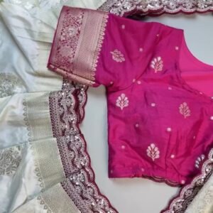 Ivory & Magenta Sequined Banarasi Silk Saree Ensemble