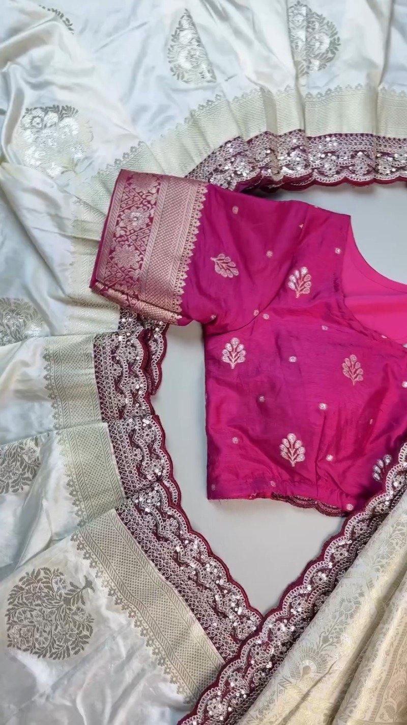 Ivory & Magenta Sequined Banarasi Silk Saree Ensemble