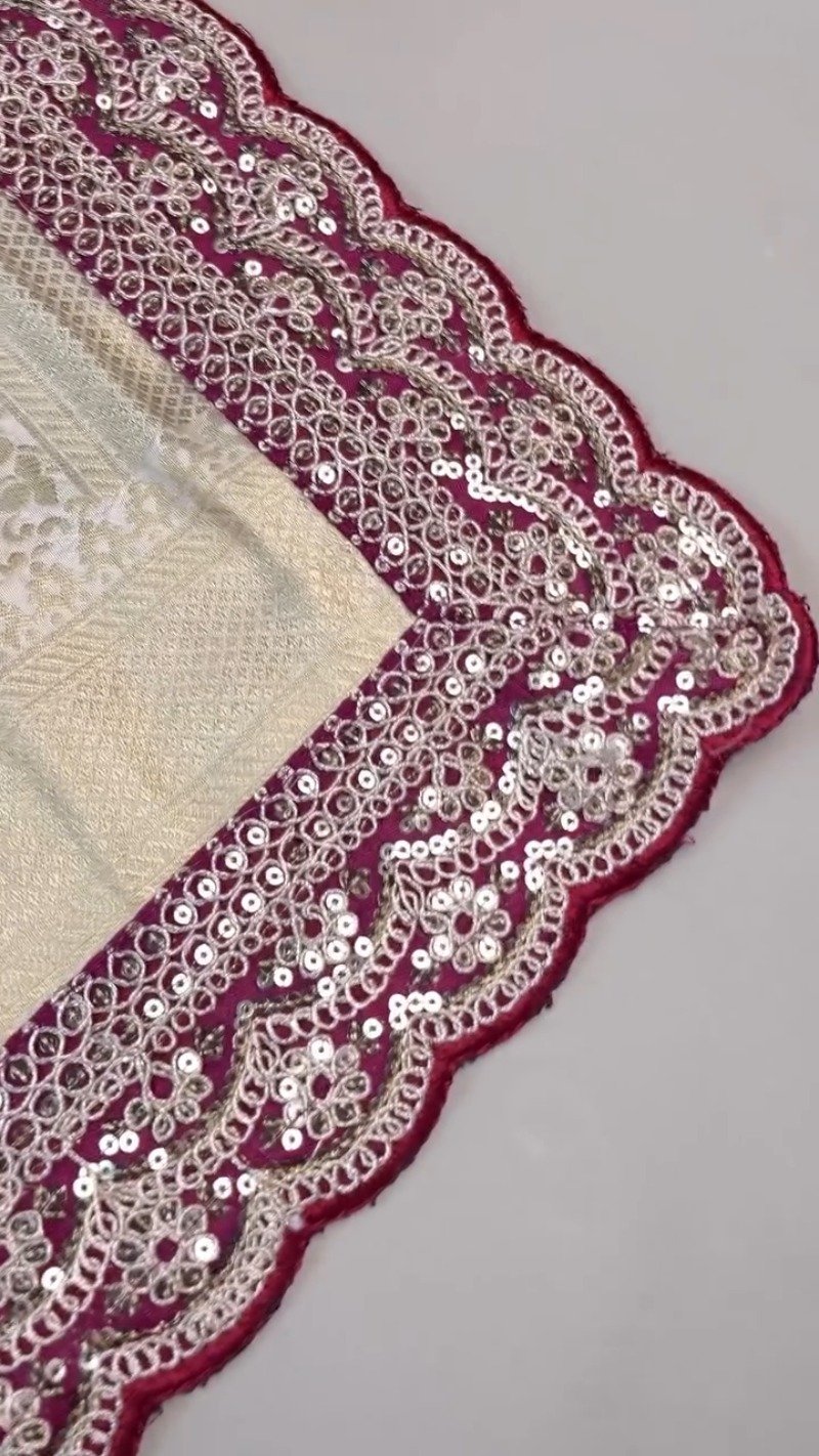 Ivory & Magenta Sequined Banarasi Silk Saree Ensemble - Image 4