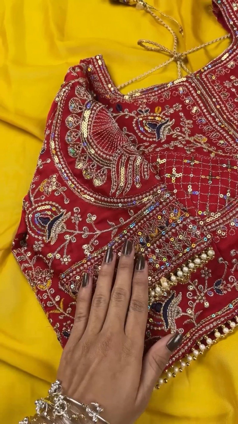 Sunshine Radiance Embroidered Saree with Heavily Embellished Blouse โ Available in Radiant Yellow & Deep Red - Image 3