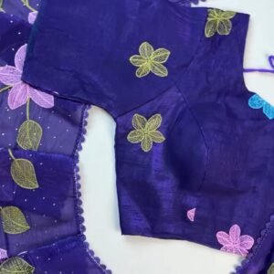 Royal Indigo Embroidered Floral Chiffon Saree with Matching Blouse