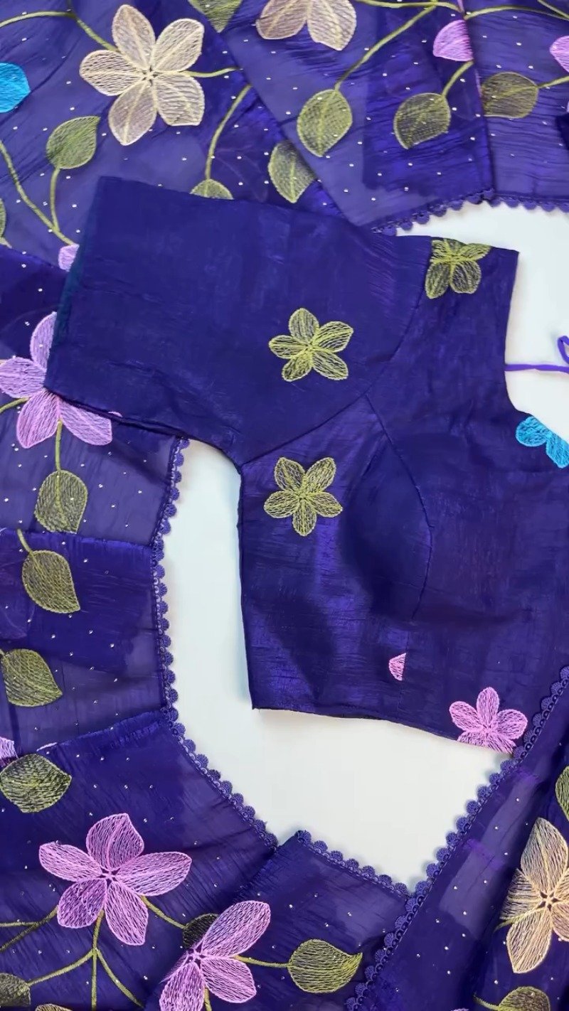 Royal Indigo Embroidered Floral Chiffon Saree with Matching Blouse
