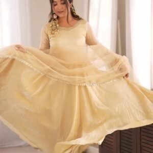 Ethereal Champagne Gold Crushed Silk Anarkali Suit Set – Available in Single Variant