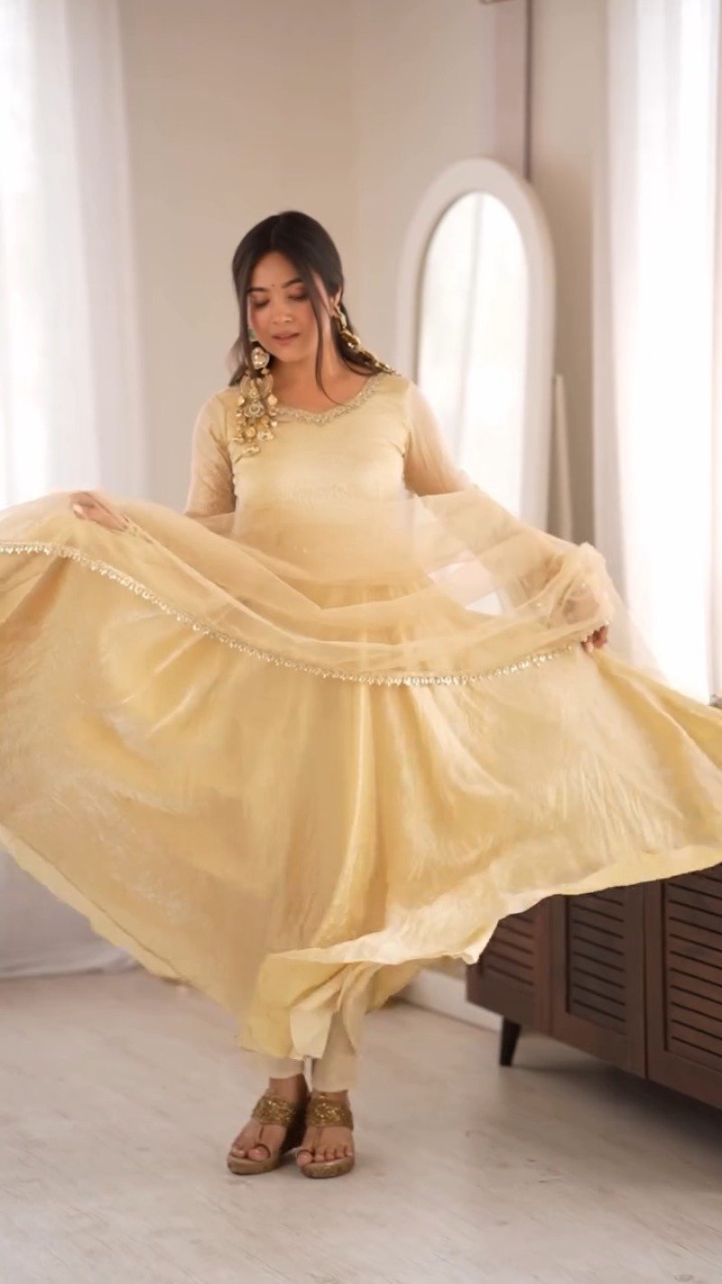 Ethereal Champagne Gold Crushed Silk Anarkali Suit Set β Available in Single Variant