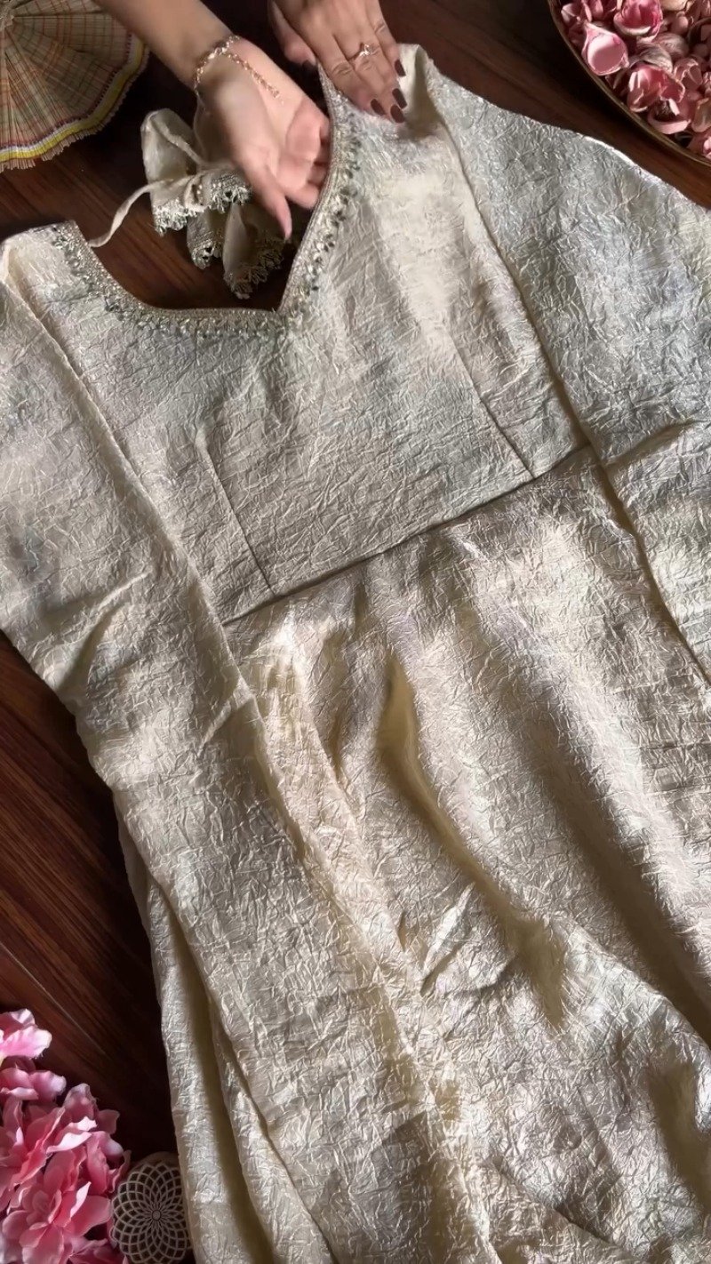 Ethereal Champagne Gold Crushed Silk Anarkali Suit Set β Available in Single Variant - Image 2