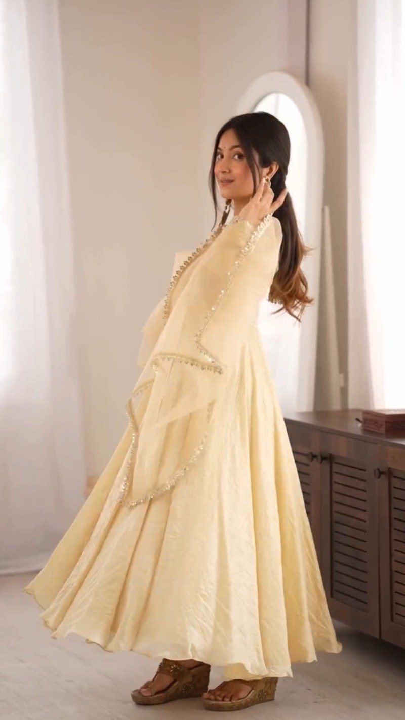 Ethereal Champagne Gold Crushed Silk Anarkali Suit Set β Available in Single Variant - Image 6