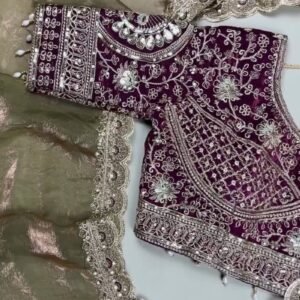 Regal Plum Velvet & Bronze Organza Embellished Saree Set