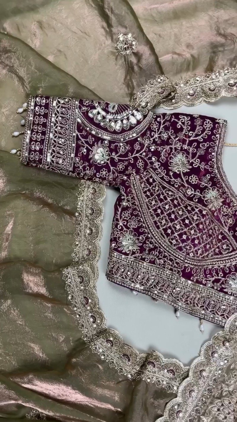 Regal Plum Velvet & Bronze Organza Embellished Saree Set