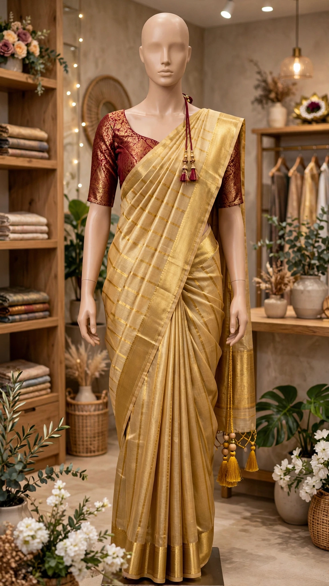 Gilded Grace Silk Saree with Maroon Brocade Blouse β A Traditional Masterpiece - Image 2