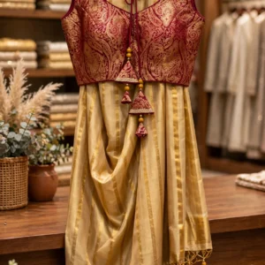 Gilded Grace Silk Saree with Maroon Brocade Blouse – A Traditional Masterpiece