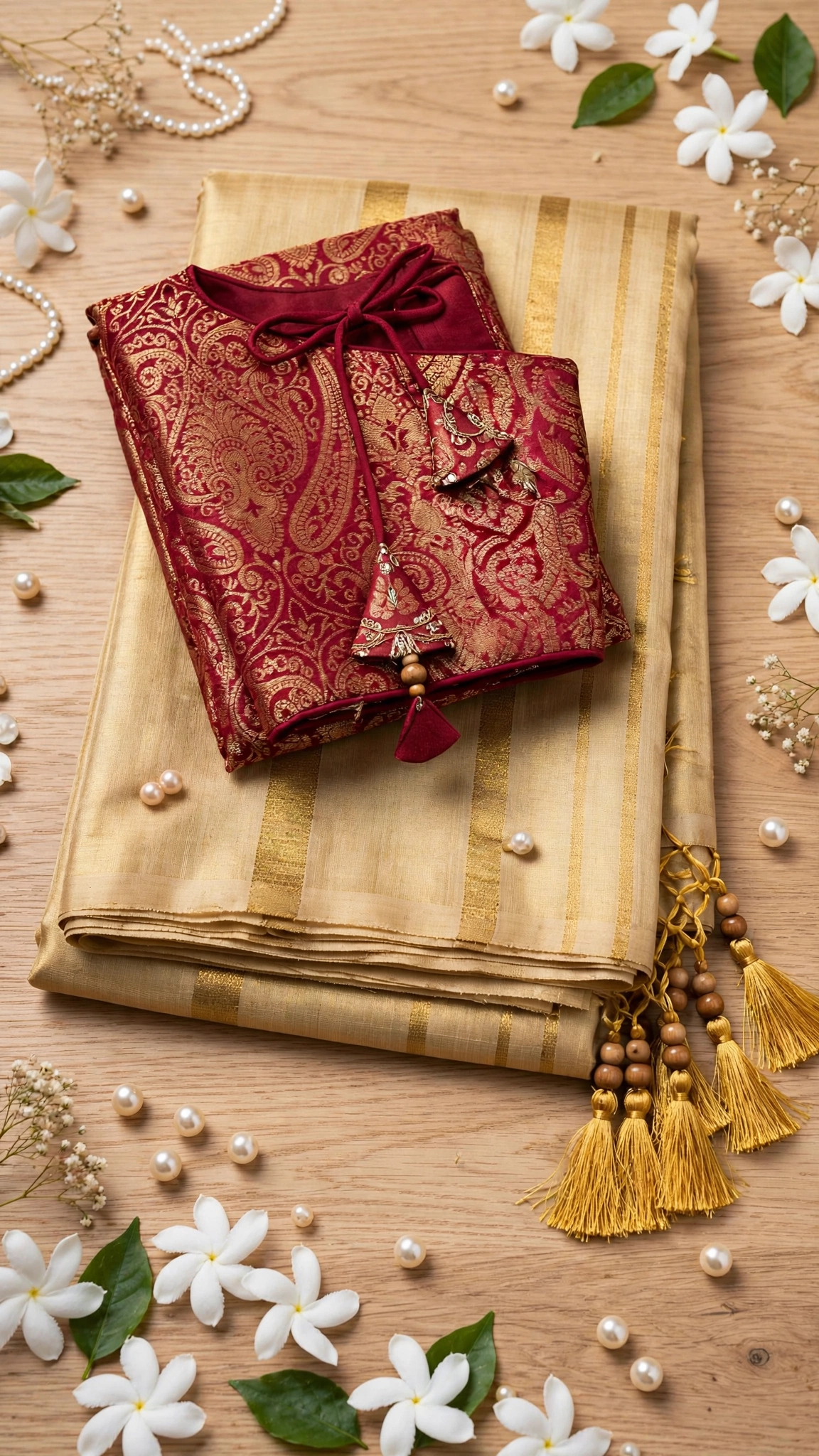 Gilded Grace Silk Saree with Maroon Brocade Blouse β A Traditional Masterpiece - Image 5
