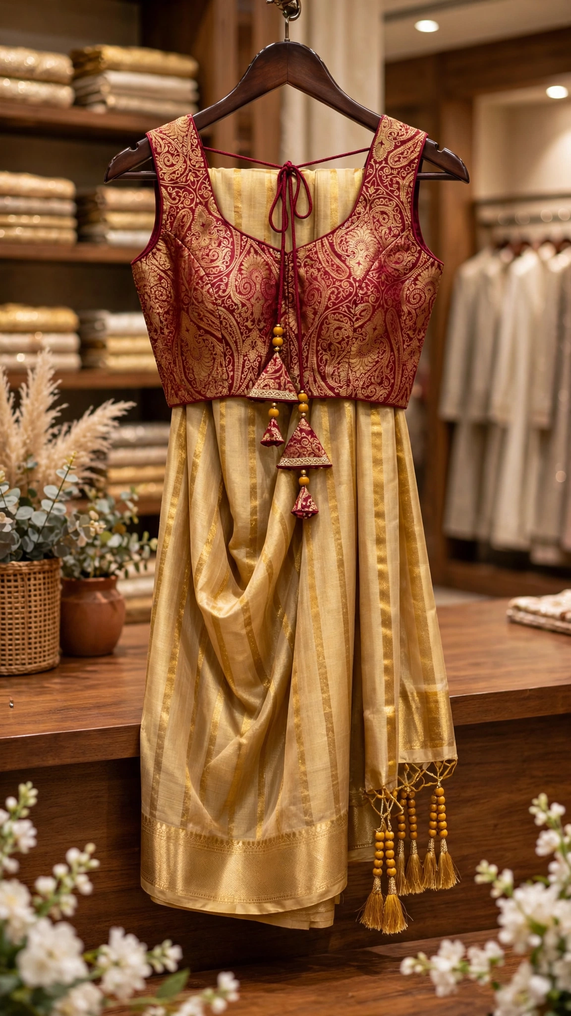 Gilded Grace Silk Saree with Maroon Brocade Blouse – A Traditional Masterpiece