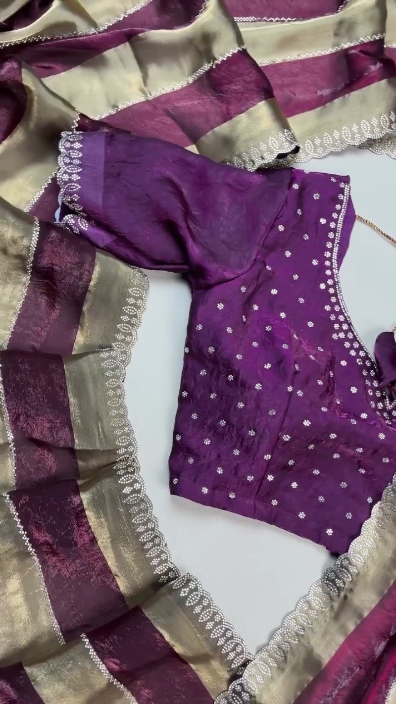 Royal Purple & Metallic Gold Shimmer Saree with Embellished Scalloped Border
