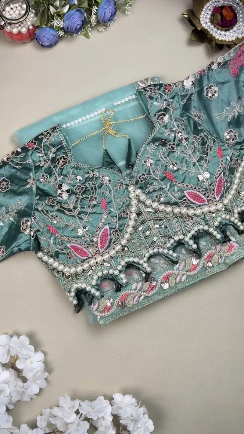 Teal Blue Embroidered Silk Blend Designer Blouse โ A Fusion of Tradition & Modern Elegance - Image 2