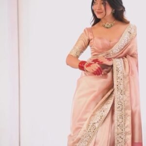 Pastel Peach Mirror-Work Silk Saree with Elegant V-Neck Blouse