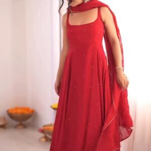 Astra Ruby Red Flowing Maxi Kurta Set with Mirror Embellishments