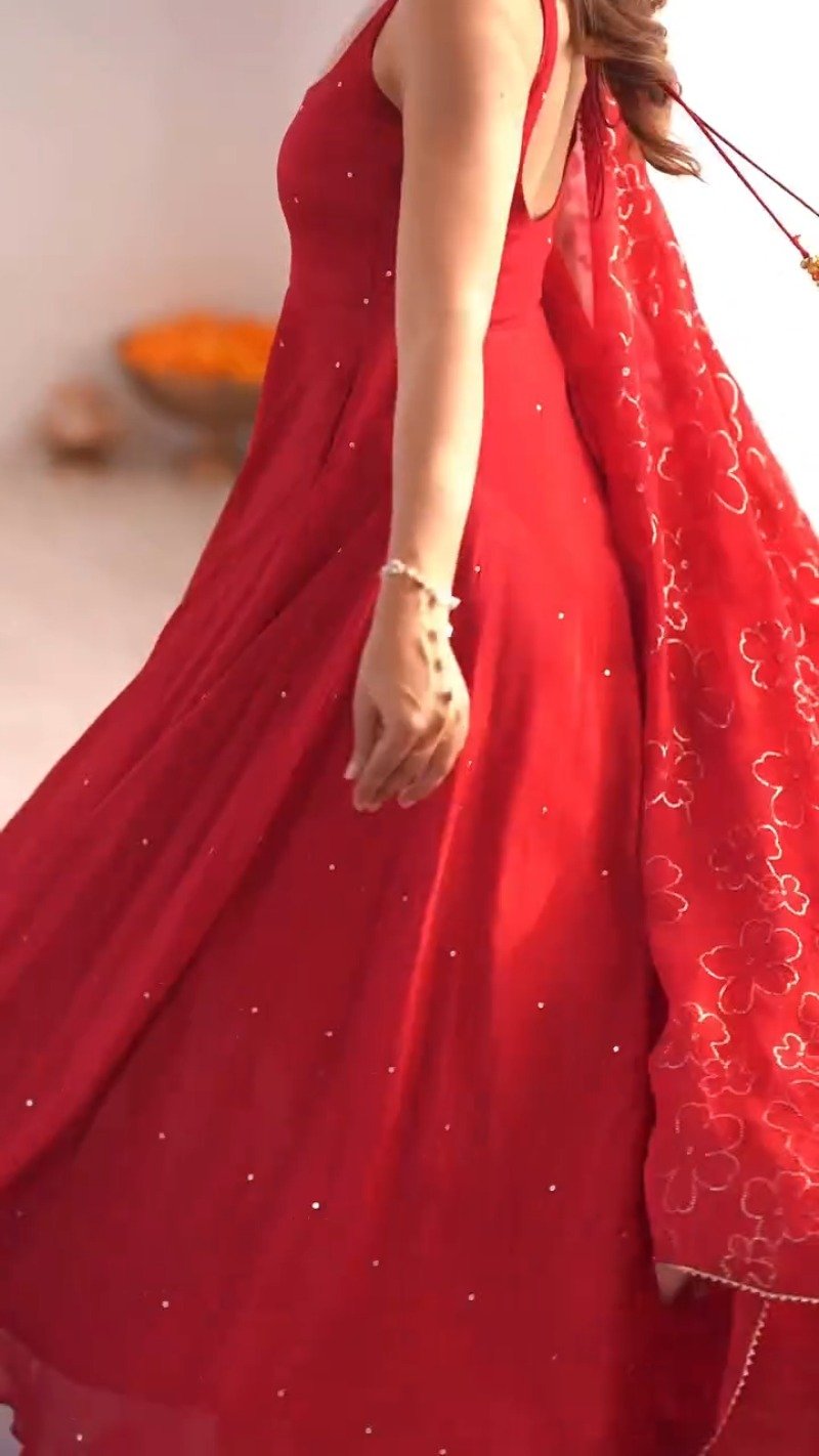 Astra Ruby Red Flowing Maxi Kurta Set with Mirror Embellishments - Image 3