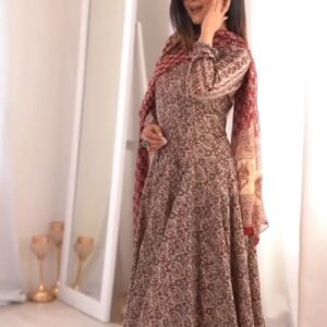 Elegant Floral Print Anarkali Kurta Set with Dupatta – Available in Deep Plum & Midnight Blue