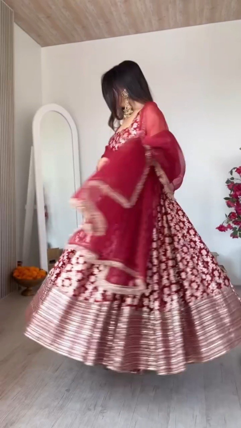 Royal Maroon Floral Brocade Lehenga Set with Metallic Border