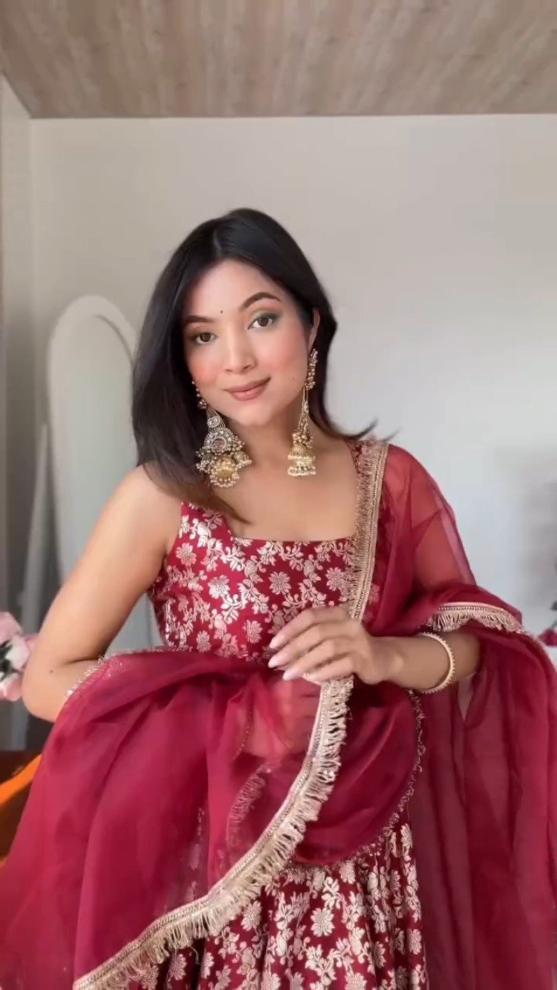 Royal Maroon Floral Brocade Lehenga Set with Metallic Border - Image 2