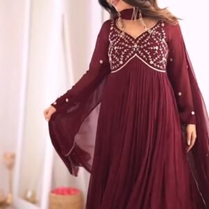 Royal Maroon Pleated Anarkali Suit with Embroidered Yoke & Delicate Detailing