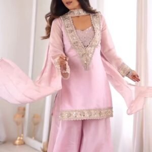 Ethereal Pastel Pink Mirror-Work Kurta & Palazzo Set