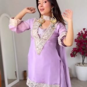 Lavish Lavender Organza Sharara Set with Scalloped Handwork Embroidery