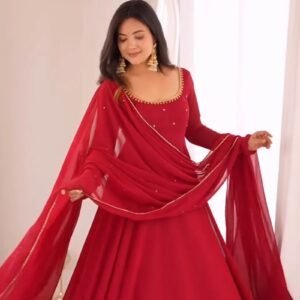 Scarlet Radiance Floor-Length Anarkali Set with Embellished Neckline