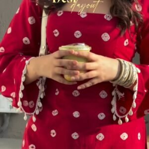 Crimson Bandhani Print Bell-Sleeved Kurti with Shell Trims