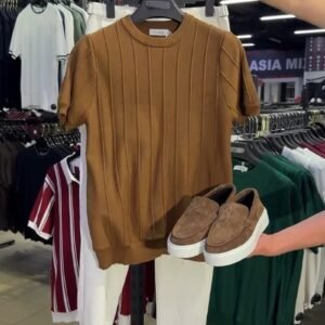 Urban Sophisticate Ribbed Knit Tee & Chino Set – Earthy Brown & Crisp White