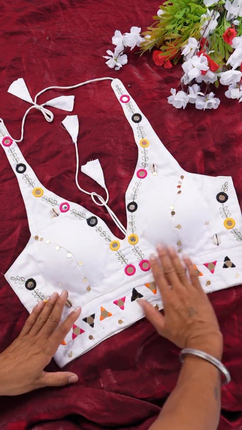 Boho-Chic Mirror Work Halter Neck Crop Top β A Summer Essential