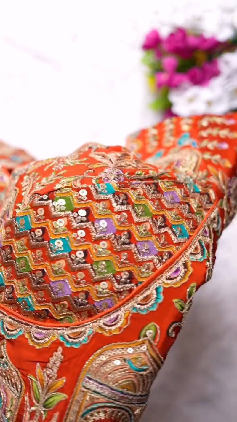 Ornate Zardosi & Bird Motif Embellished Designer Blouse β Exclusive Orange Artisan Collection - Image 5