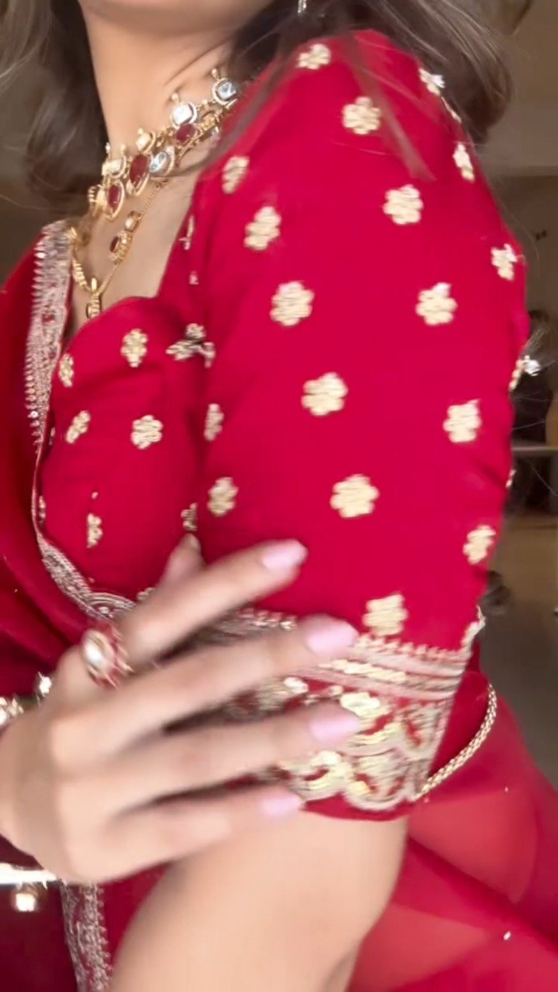 Radiant Crimson Festive Chiffon Saree with Zardosi Detailing - Image 3