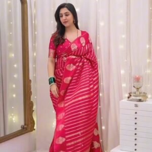 Radiant Crimson Zari-Striped Organza Saree with Embroidered Blouse