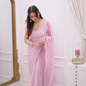 Ethereal Pastel Pink Organza Embellished Saree with Scalloped Border