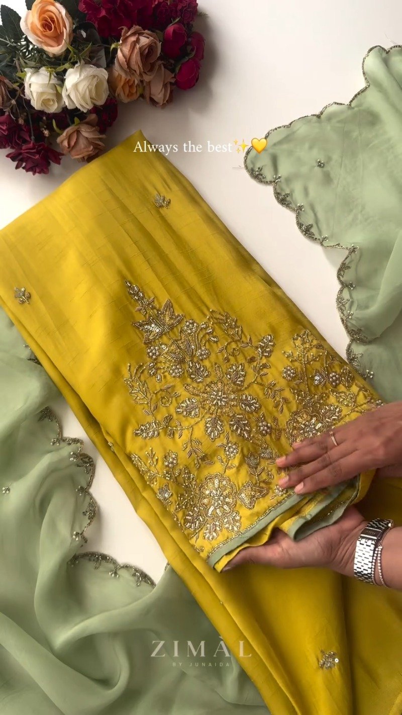 Sun-Kissed Mustard Raw Silk Kurta Set with Scalloped Sage Dupatta - Image 2