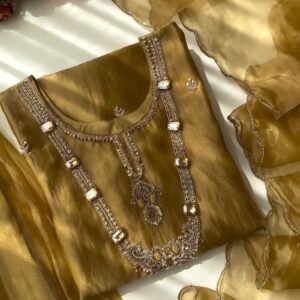 Opulent Golden Organza Embellished Kurta Set with Crystal Detailing