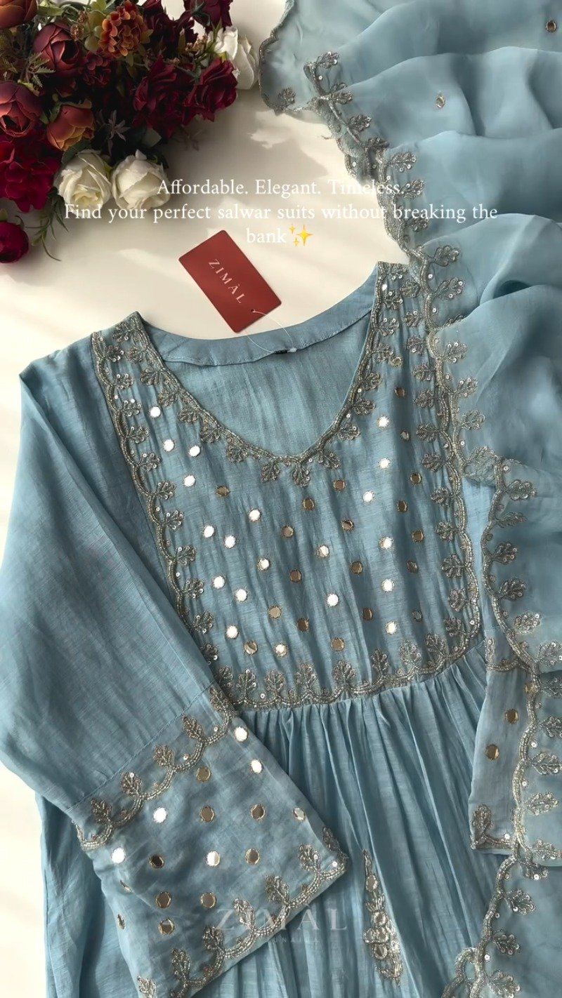 Ethereal Mirror-Work Embroidered Anarkali Kurta Set โ Available in Dusty Rose & Powder Blue - Image 5