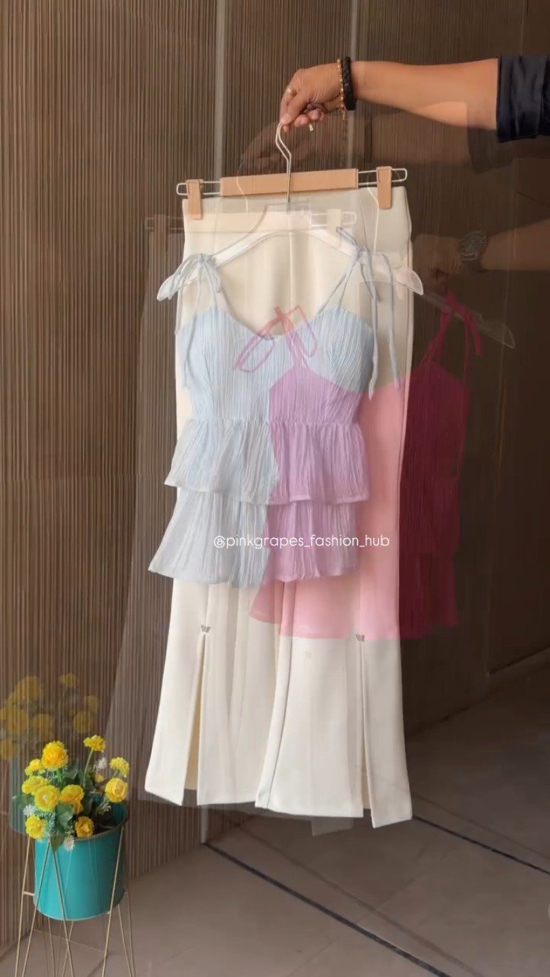Chic Pleated Tiered Cami Top and Slit Trousers Co-ord Set β Available in Vibrant Pink, Pastel Blue, Sunny Yellow & Sage Green - Image 2